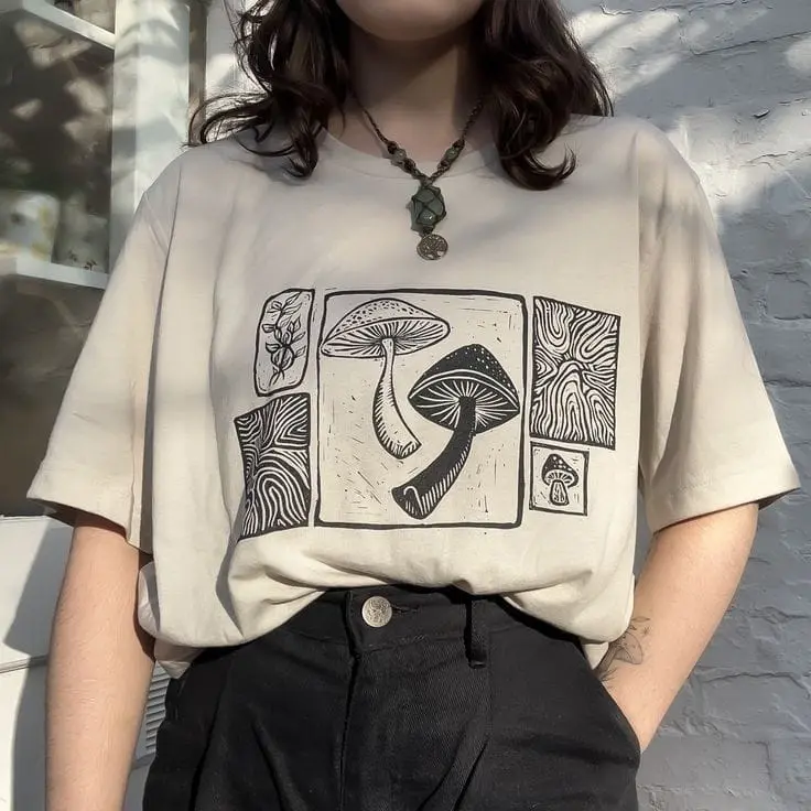 Custom Print T-Shirt -Beige-Premium Cotton- Women ( Mash-Room)