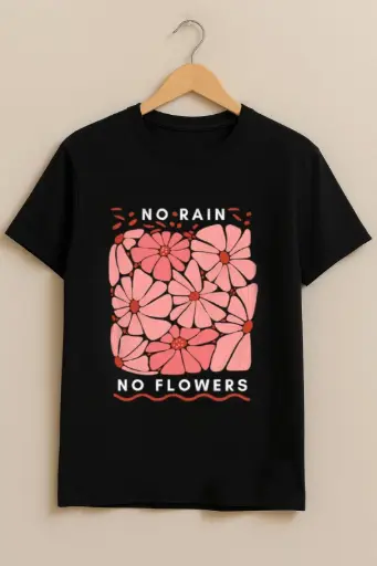 Custom Print T-Shirt Black/White - Women ( No Rain no flowers )